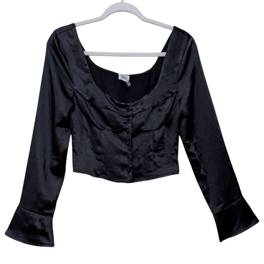 NWT Princess Polly Watch me long sleeve black crop top satin twee Coquette 4 - Picture 2 of 8